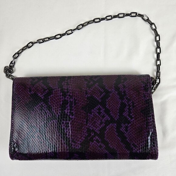 White House Black Market Purple Black Snakeskin Print Clutch Removable Chain - Picture 4 of 15